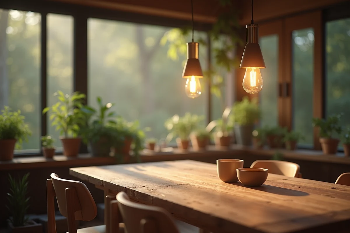 Geri dönüştürülmüş ahşap yemek masası ve LED aydınlatma ile sürdürülebilir dekorasyonda enerji verimli yemek alanı tasarımı