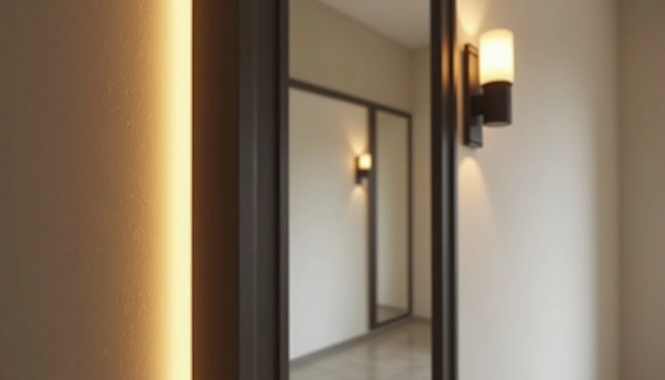 Ankara antre ve hol aydınlatma – büyük dikdörtgen ayna, lineer LED profil ve sıcak tonlu vurgu ışıkları ile genişletilmiş dar apartman girişi